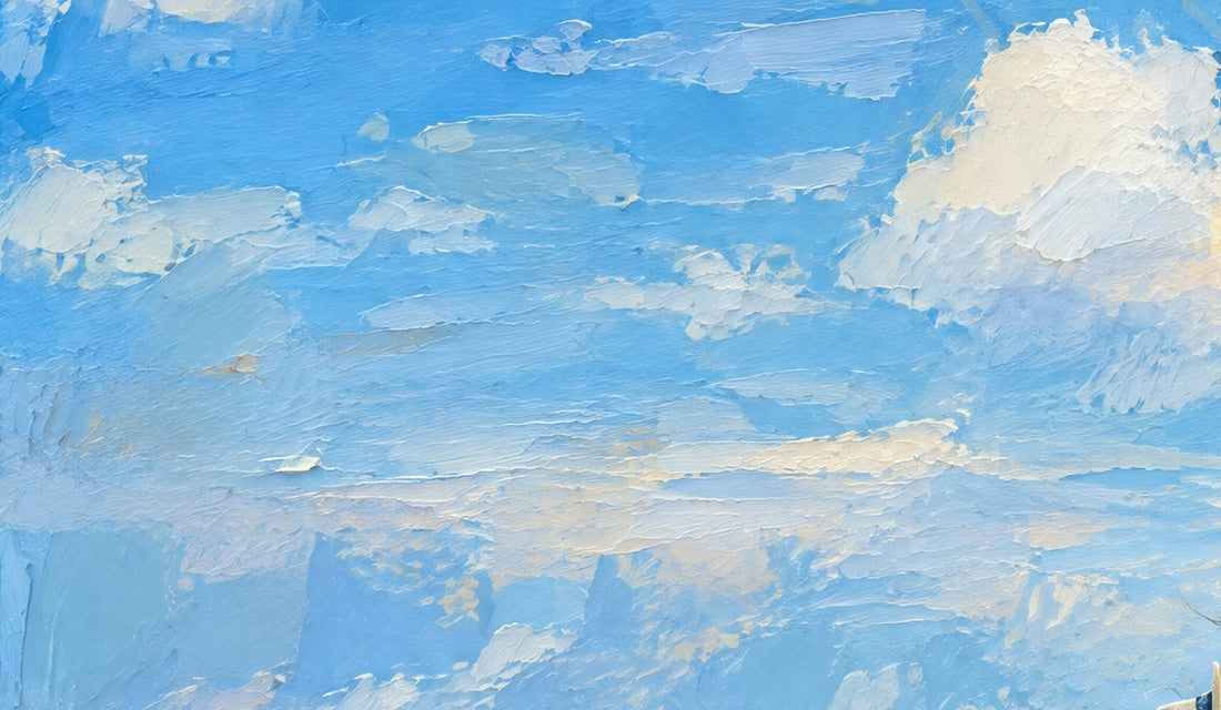 Close-up from the same artwork, showing layered blue and cream brushwork in the tropical sky