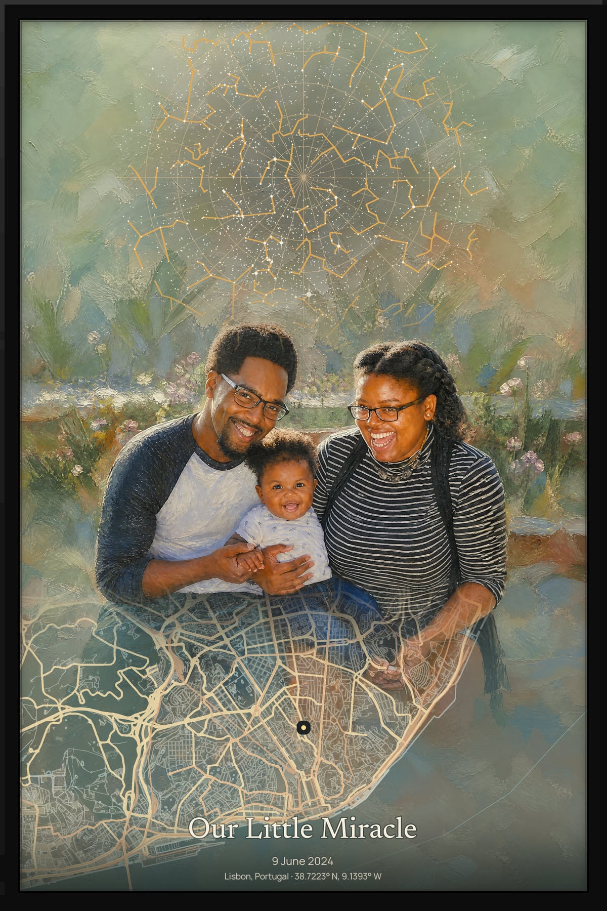 Framed Mapia Signature artwork showing a family moment, factual night sky and local street map