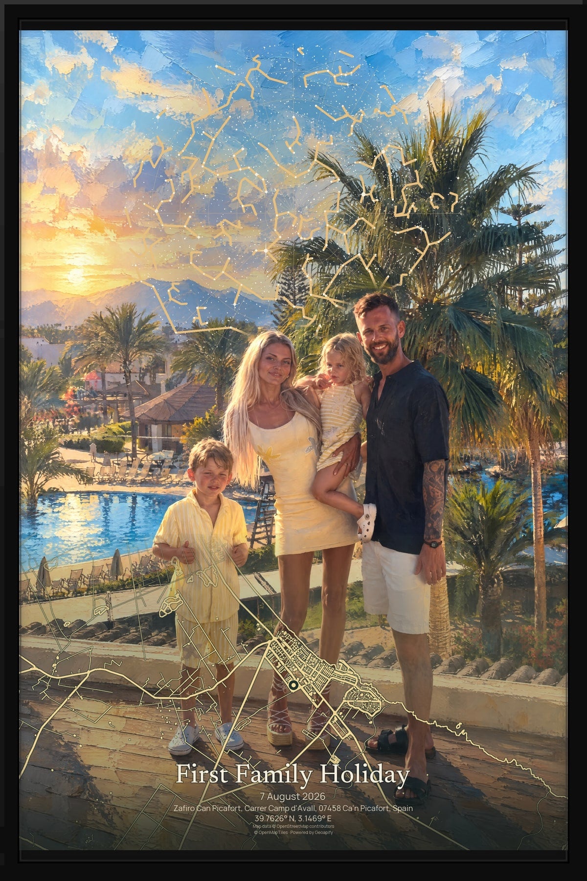 First Family Holiday: a family of four beside a holiday pool in Majorca, in Mapia Signature with their star chart and local map