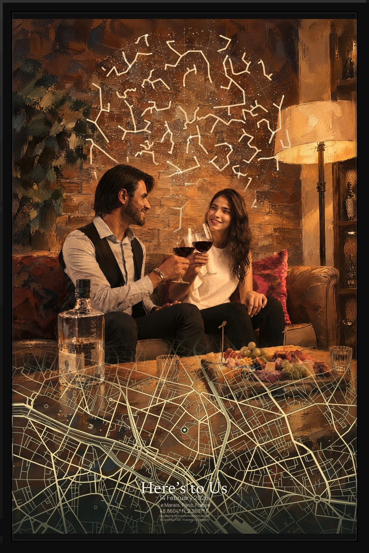 Here’s to Us: a couple celebrating together, in Mapia Signature with a star chart and Paris street map