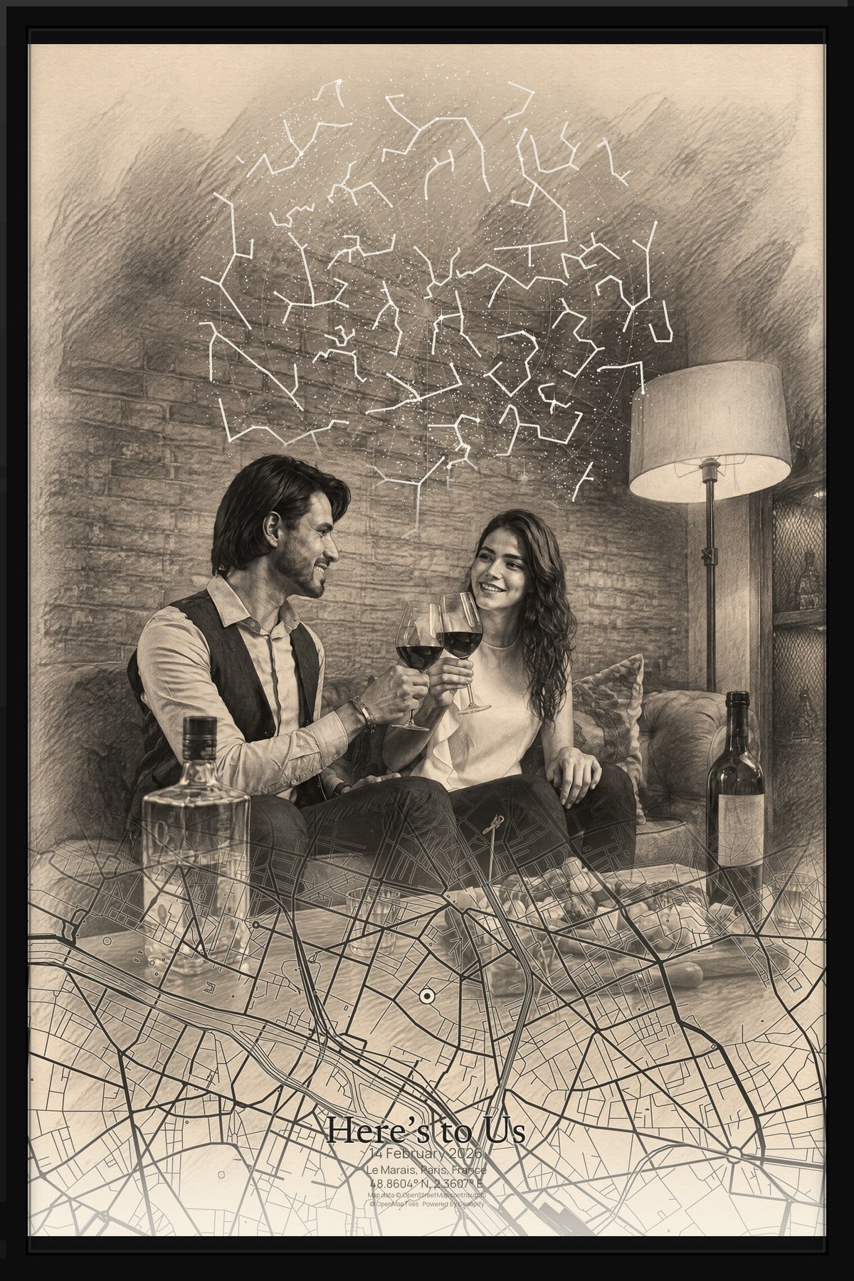 Here’s to Us: the same couple celebrating together in Monochrome Sketch, with their star chart and Paris street map, shown in a black frame