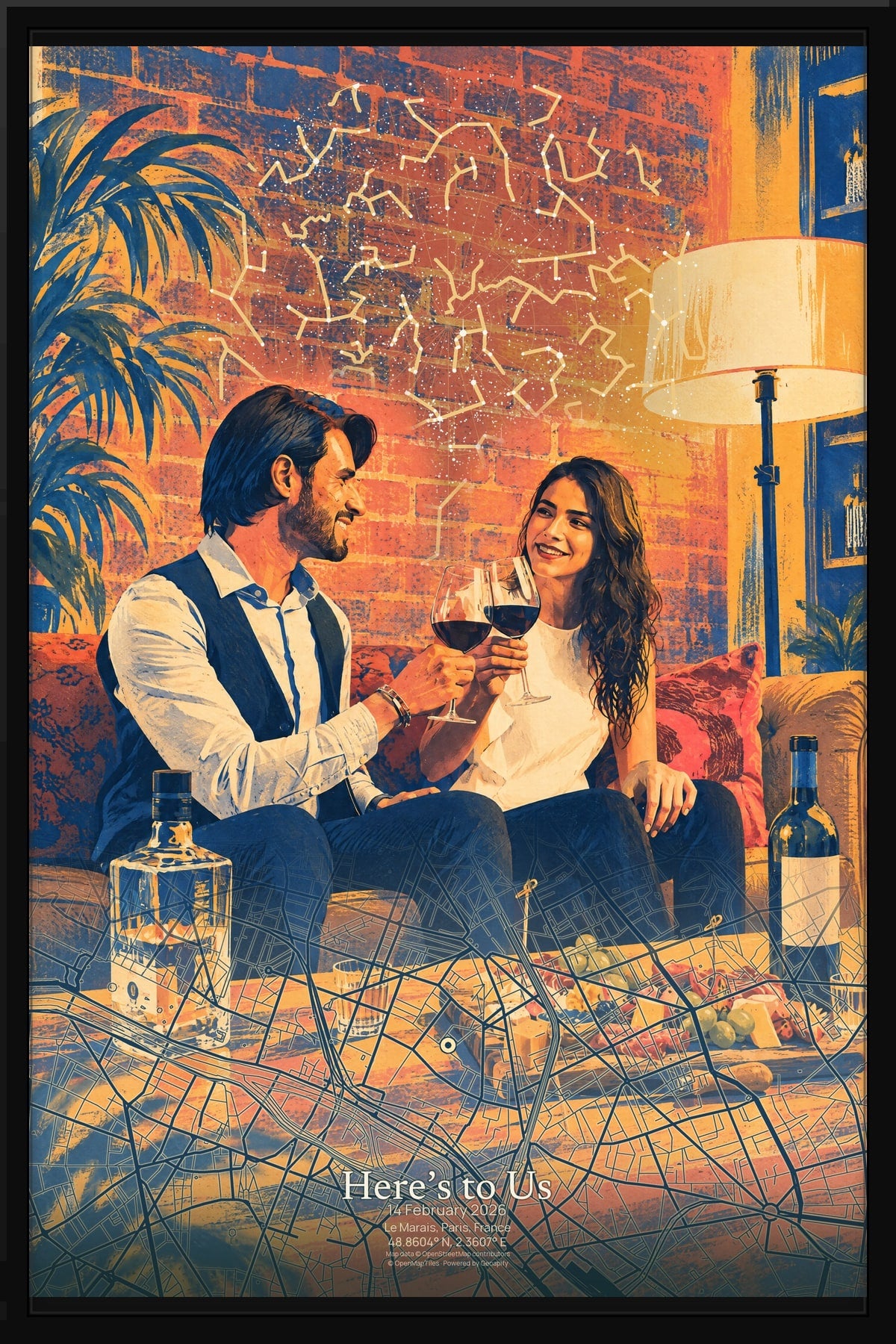 Here’s to Us: the same couple celebrating together in Storybook Pop, with their star chart and Paris street map, shown in a black frame