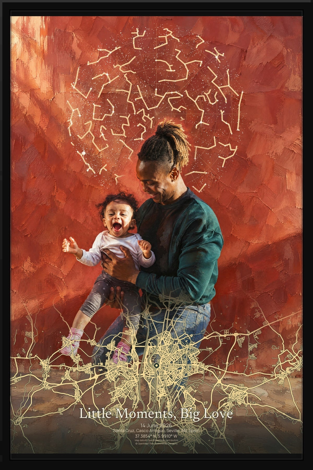 Little Moments, Big Love: a father holding his laughing child, in Mapia Signature with a star chart and Seville street map