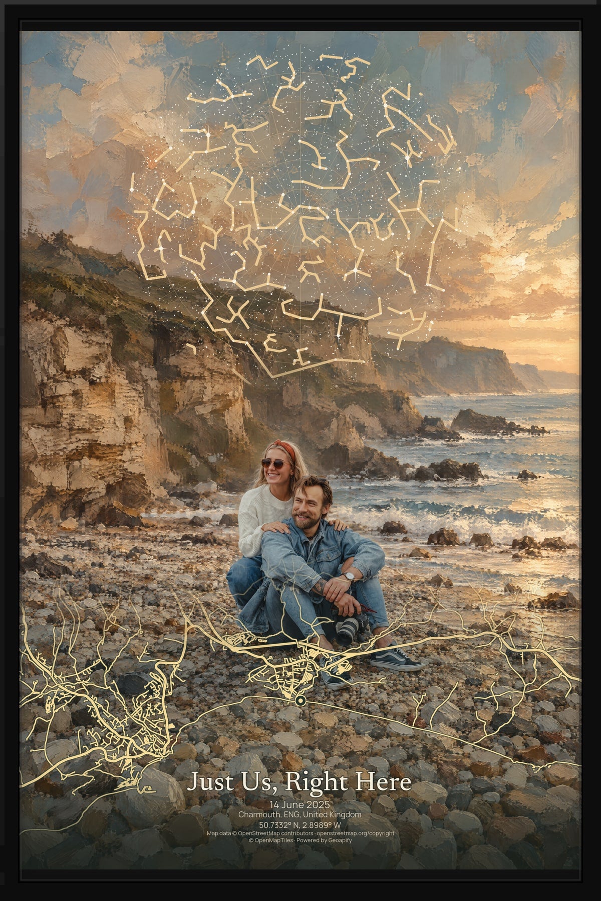 Just Us, Right Here: a seated couple by the coast in Mapia Signature, with their star chart and Charmouth street map, shown in a black frame