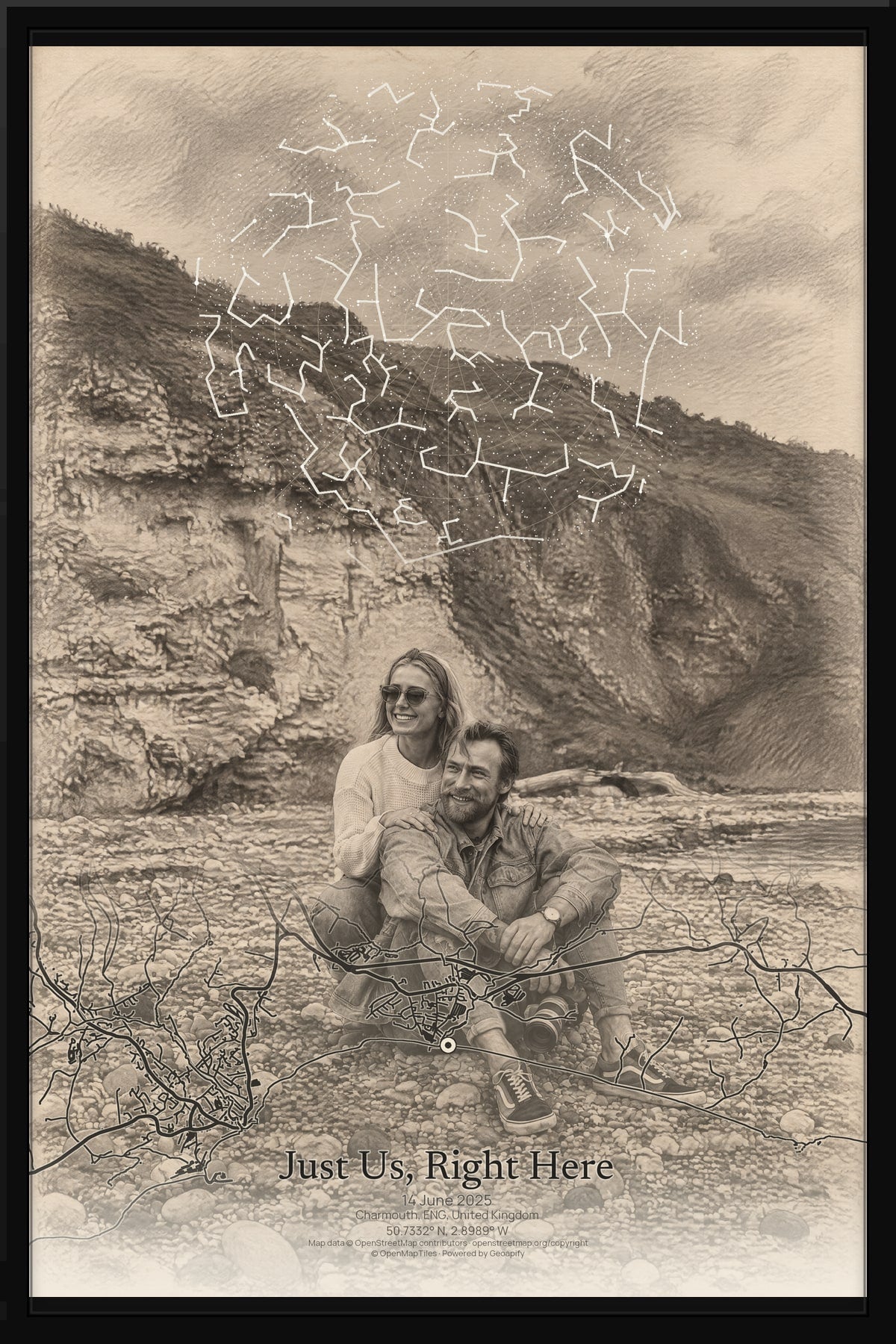 Just Us, Right Here: a seated couple by the coast in Monochrome Sketch, with their star chart and Charmouth street map, shown in a black frame