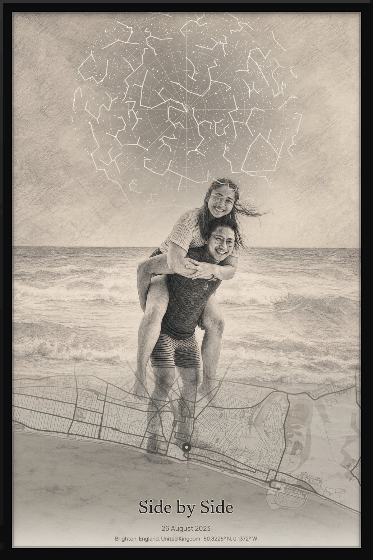 Framed Monochrome Sketch artwork showing two friends by the sea with a factual night sky and local street map