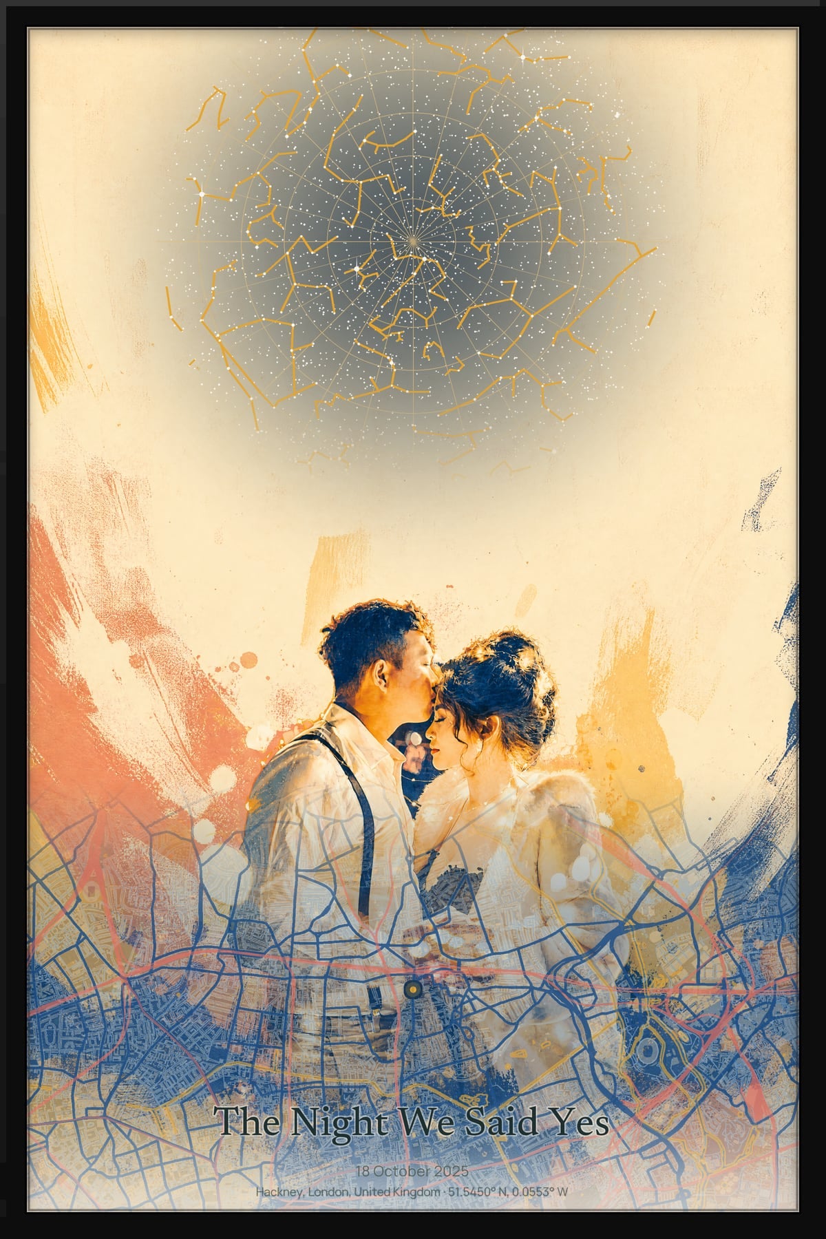 Framed Storybook Pop artwork showing a couple beneath a factual night sky and local street map