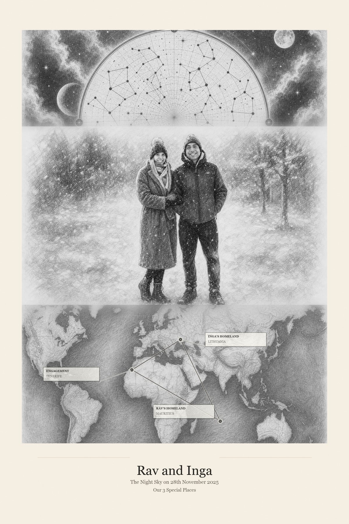 Framed graphite-style Mapia artwork combining a night sky, portrait and meaningful places