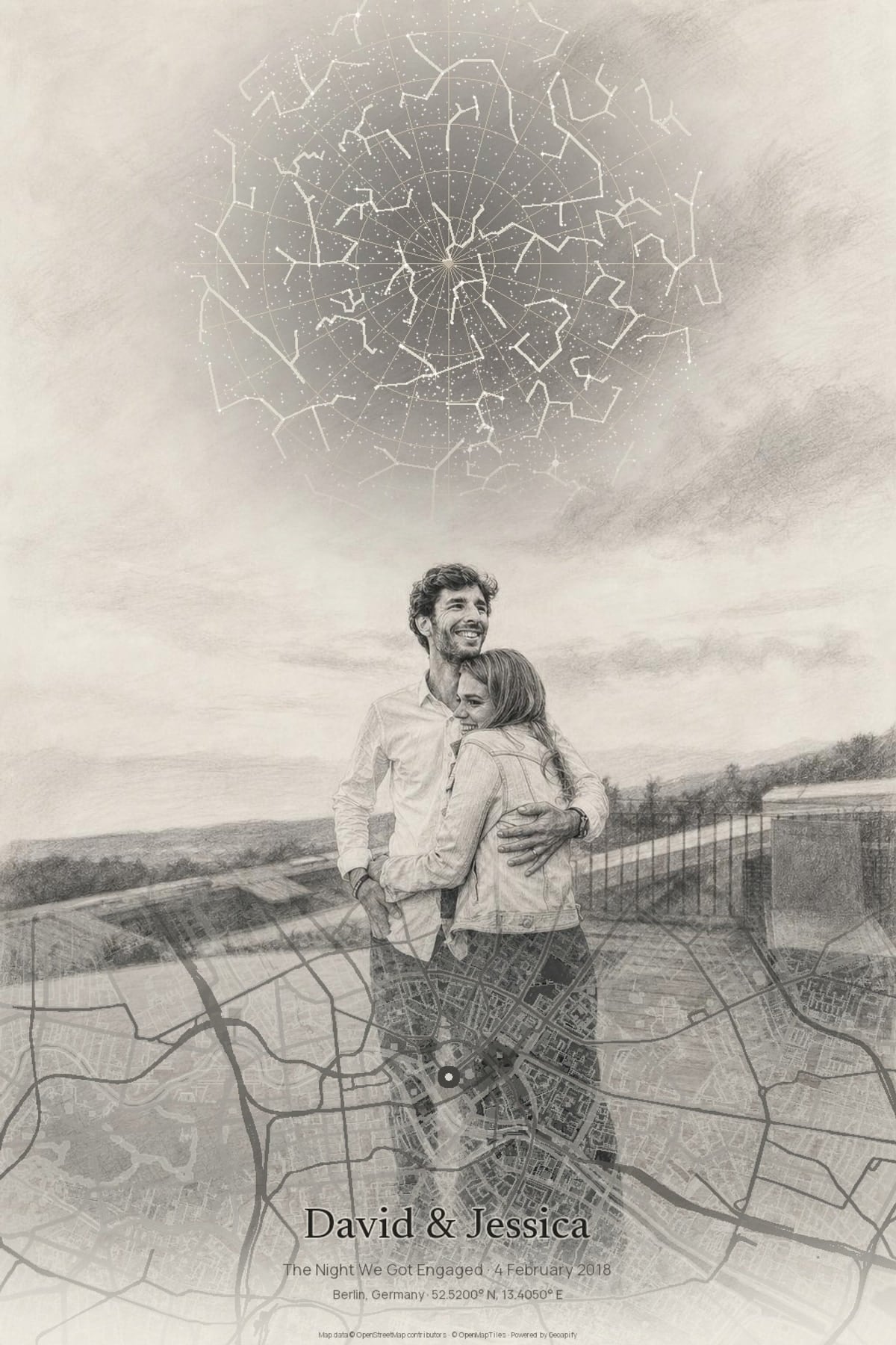 Framed graphite-style Mapia artwork combining a night sky, portrait and meaningful places
