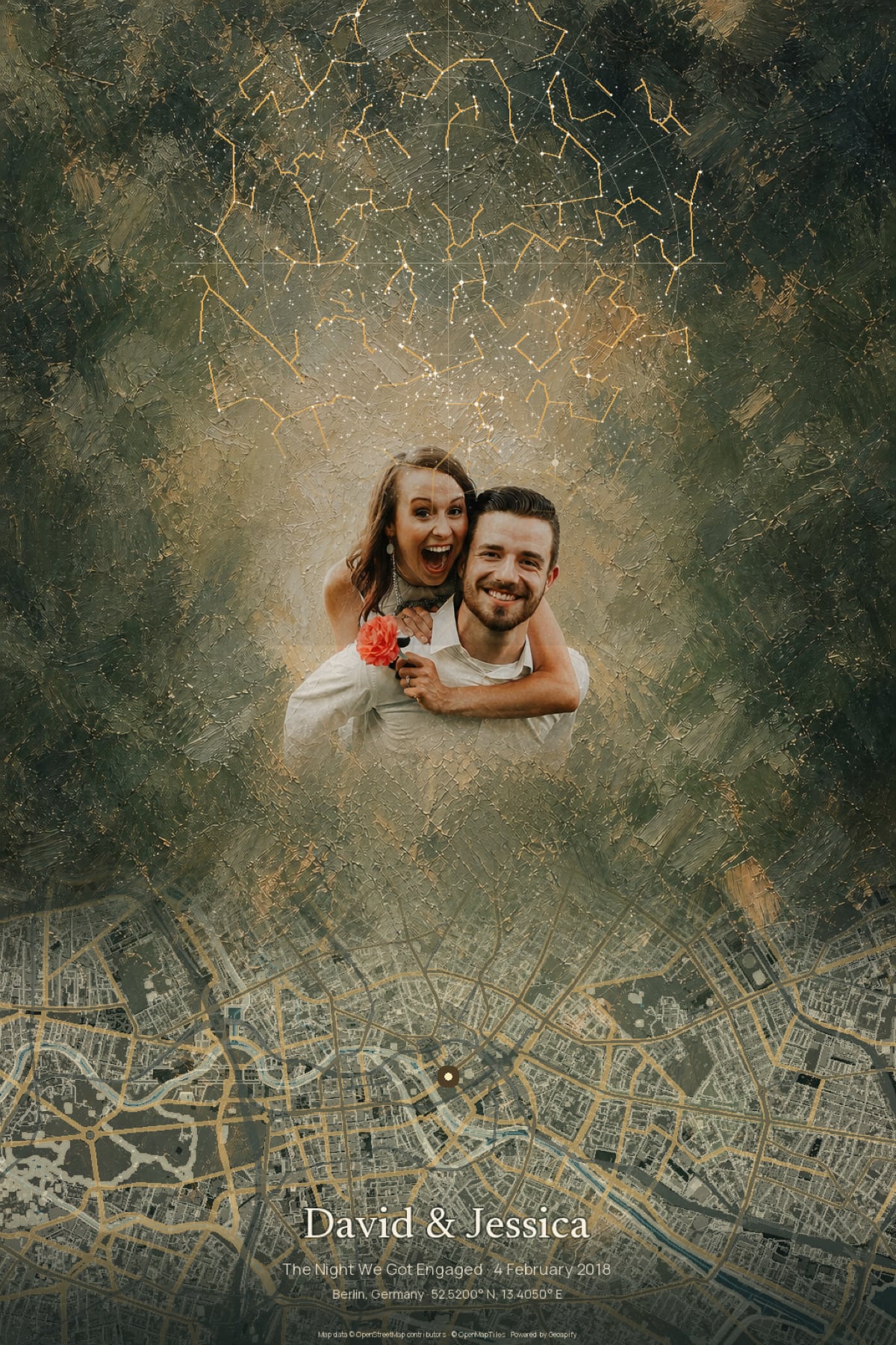 Example Mapia portrait combining a factual night sky, painted portrait and local street map